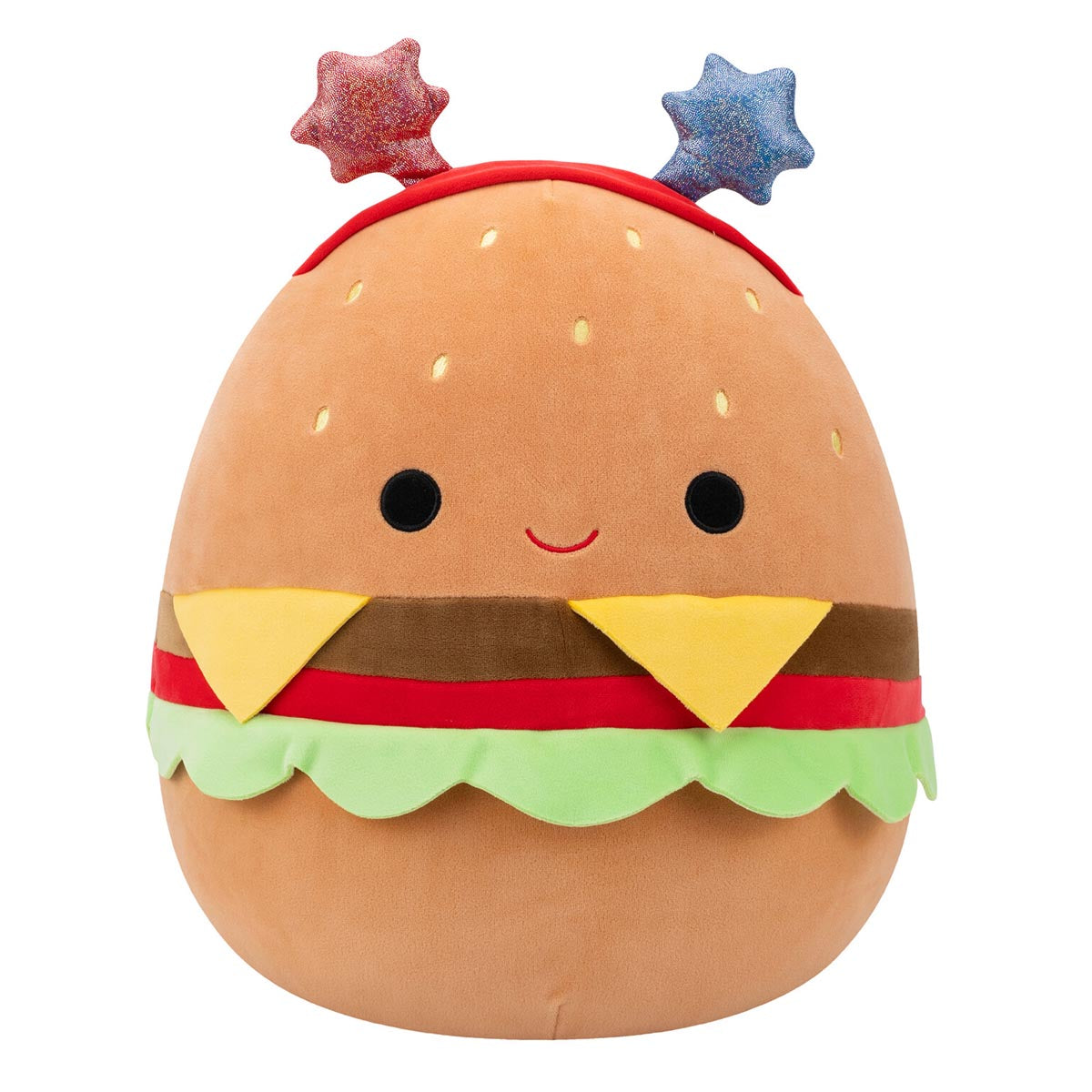 Squishmallows Deals | 14" Carl the Cheeseburger with Red and Blue Star Headband | Jazwares