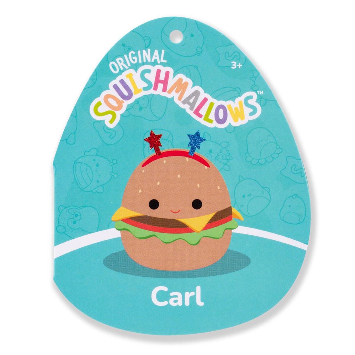 Squishmallows Deals | 14" Carl the Cheeseburger with Red and Blue Star Headband | Jazwares