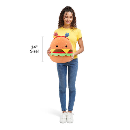 Squishmallows Deals | 14" Carl the Cheeseburger with Red and Blue Star Headband | Jazwares